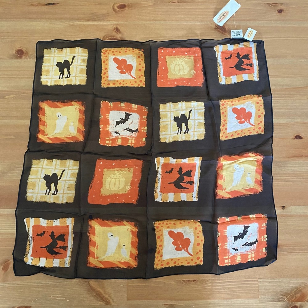 Talbots Halloween Silk Scarf Brown Orange Black Cat Witch Ghost Bat Pumpkin NOS